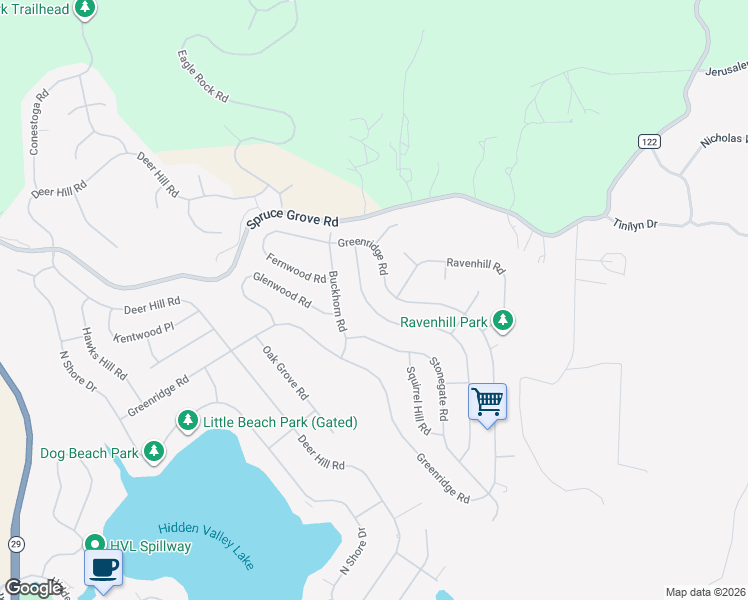 map of restaurants, bars, coffee shops, grocery stores, and more near 18920 Coyle Springs Road in Hidden Valley Lake