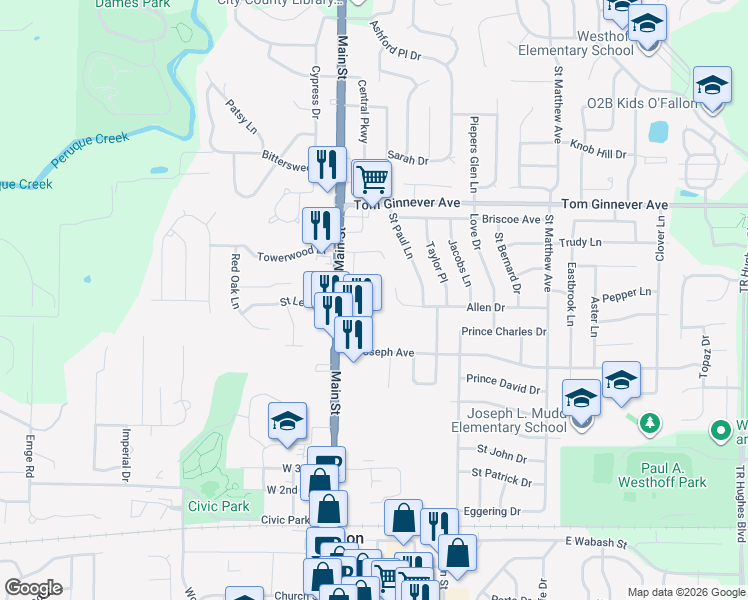 map of restaurants, bars, coffee shops, grocery stores, and more near 208 Allen Drive in O'Fallon
