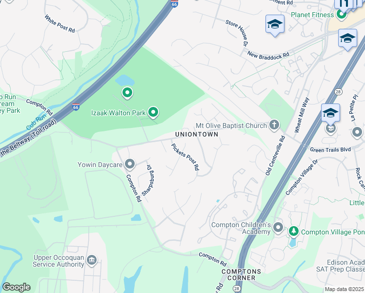 map of restaurants, bars, coffee shops, grocery stores, and more near 6808 Massaponax Place in Centreville