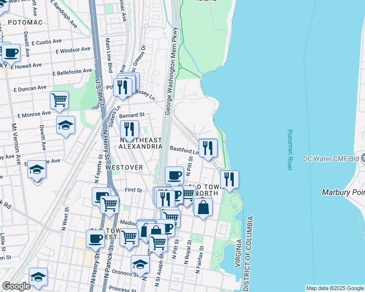 map of restaurants, bars, coffee shops, grocery stores, and more near 529 Bashford Lane in Alexandria