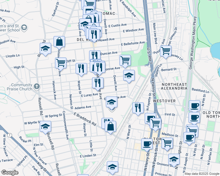 map of restaurants, bars, coffee shops, grocery stores, and more near 417 E Alexandria Ave in Alexandria