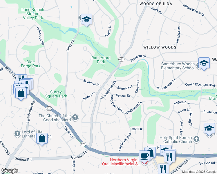 map of restaurants, bars, coffee shops, grocery stores, and more near 4838 King Solomon Drive in Annandale