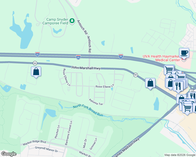 map of restaurants, bars, coffee shops, grocery stores, and more near 15605 John Marshall Highway in Haymarket