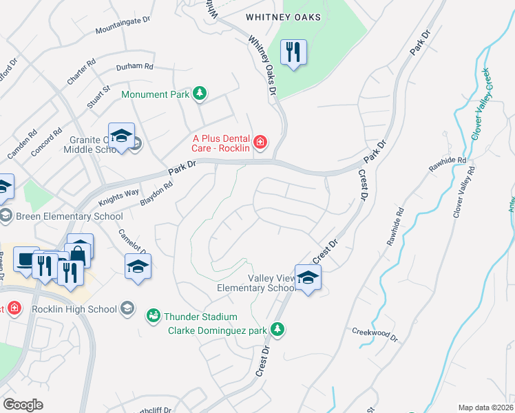 map of restaurants, bars, coffee shops, grocery stores, and more near 3127 Clarkson Drive in Rocklin