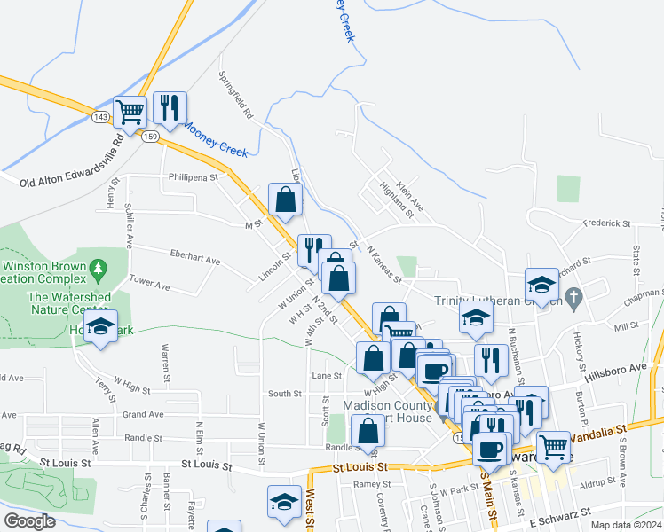 map of restaurants, bars, coffee shops, grocery stores, and more near 112 East Union Street in Edwardsville