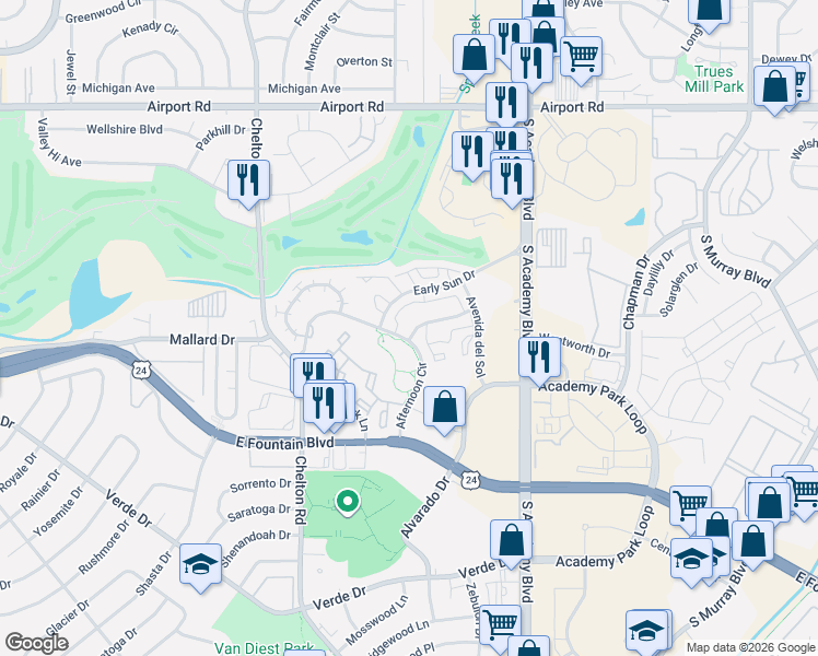 map of restaurants, bars, coffee shops, grocery stores, and more near 901 Tampico Court in Colorado Springs