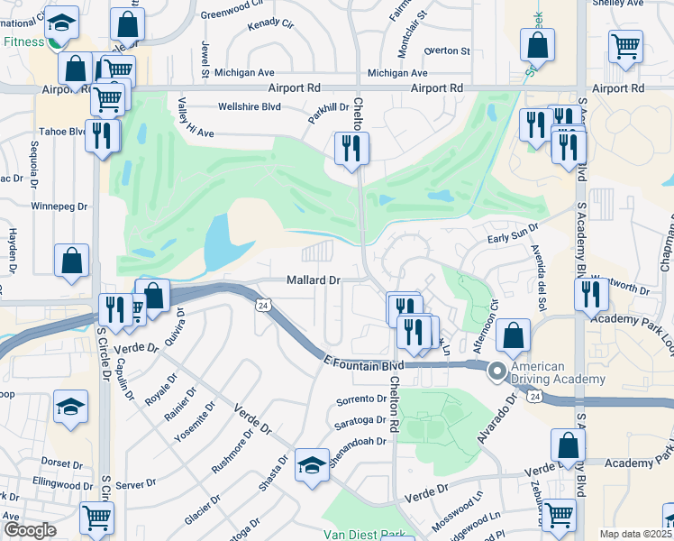 map of restaurants, bars, coffee shops, grocery stores, and more near 3140 Mallard Drive in Colorado Springs