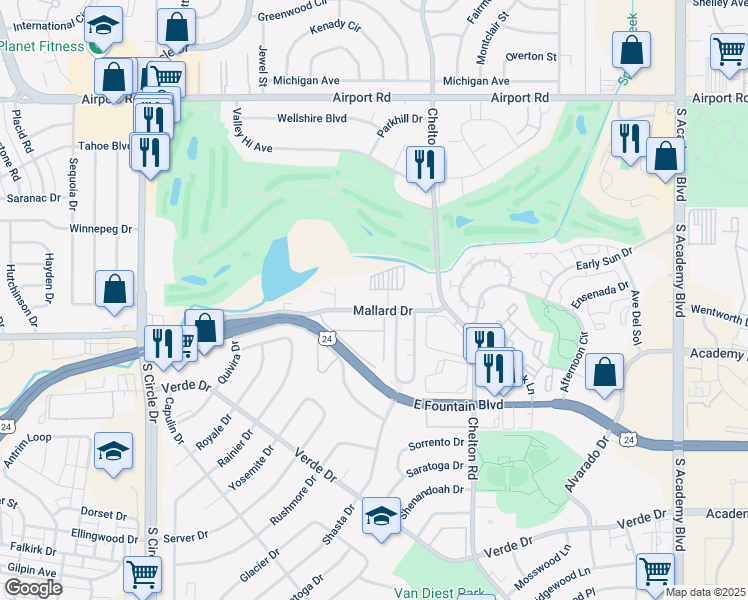 map of restaurants, bars, coffee shops, grocery stores, and more near 3110 Mallard Drive in Colorado Springs