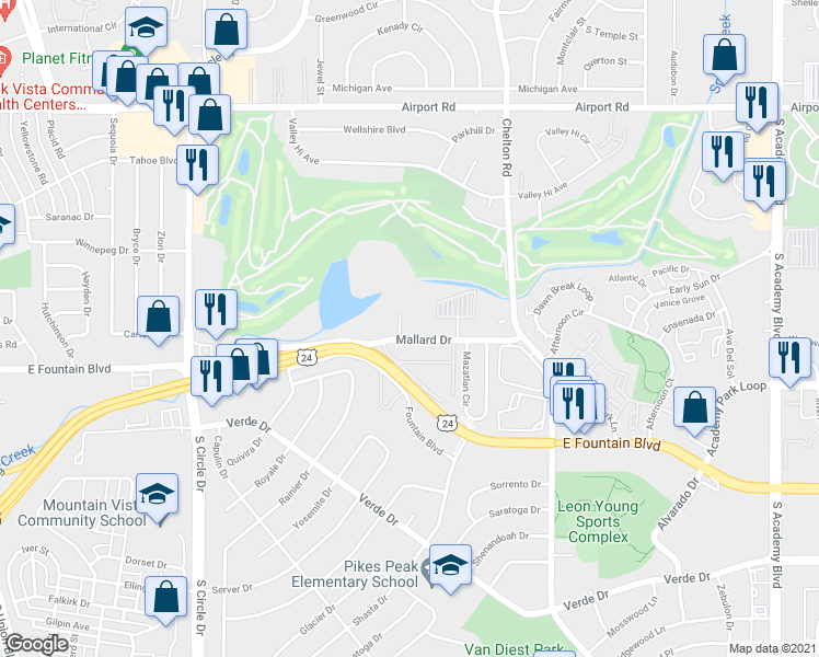 map of restaurants, bars, coffee shops, grocery stores, and more near 915 Teal Court in Colorado Springs