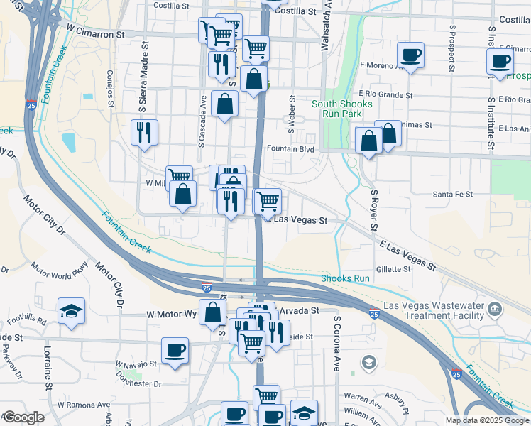 map of restaurants, bars, coffee shops, grocery stores, and more near 220 East Las Vegas Street in Colorado Springs