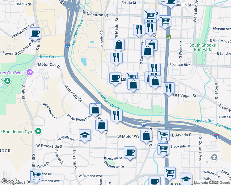 map of restaurants, bars, coffee shops, grocery stores, and more near 116 West Las Vegas Street in Colorado Springs