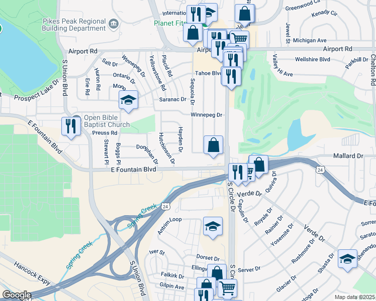 map of restaurants, bars, coffee shops, grocery stores, and more near 846 Sequoia Drive in Colorado Springs