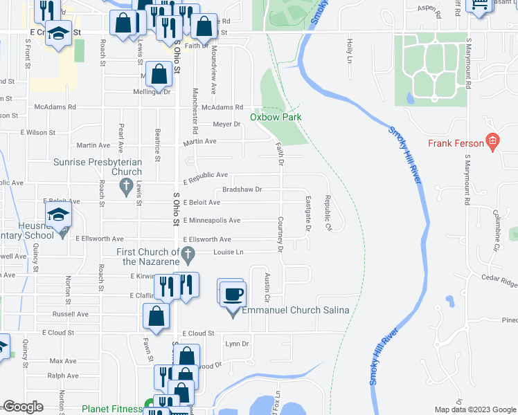 map of restaurants, bars, coffee shops, grocery stores, and more near 1420 East Beloit Avenue in Salina