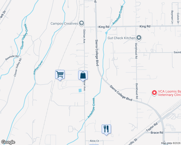 map of restaurants, bars, coffee shops, grocery stores, and more near 3725 Delmar Avenue in Loomis
