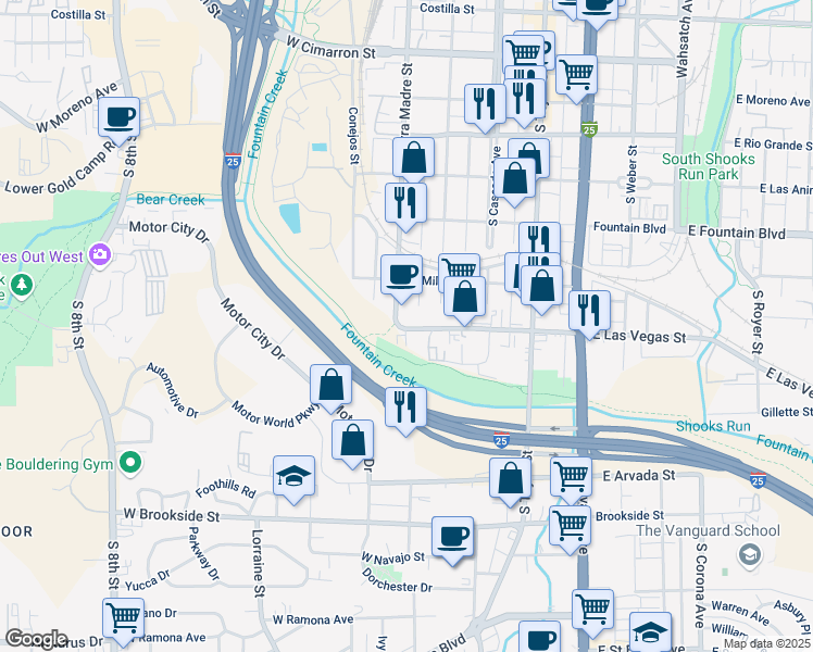 map of restaurants, bars, coffee shops, grocery stores, and more near 116 West Las Vegas Street in Colorado Springs