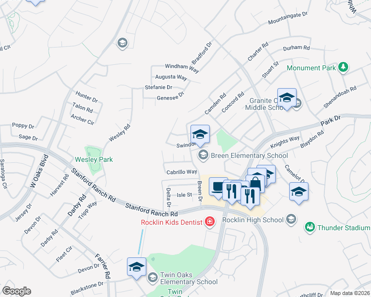 map of restaurants, bars, coffee shops, grocery stores, and more near 5333 Swindon Road in Rocklin