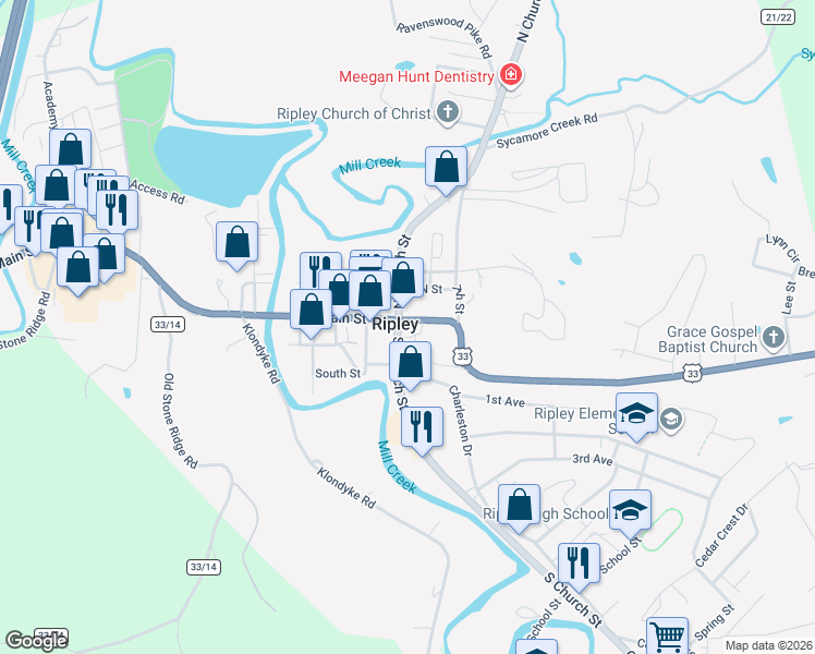 map of restaurants, bars, coffee shops, grocery stores, and more near 115 Main Street in Ripley