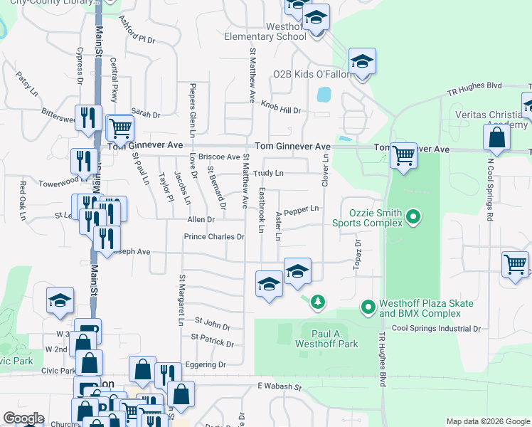map of restaurants, bars, coffee shops, grocery stores, and more near 708 Eastbrook Lane in O'Fallon