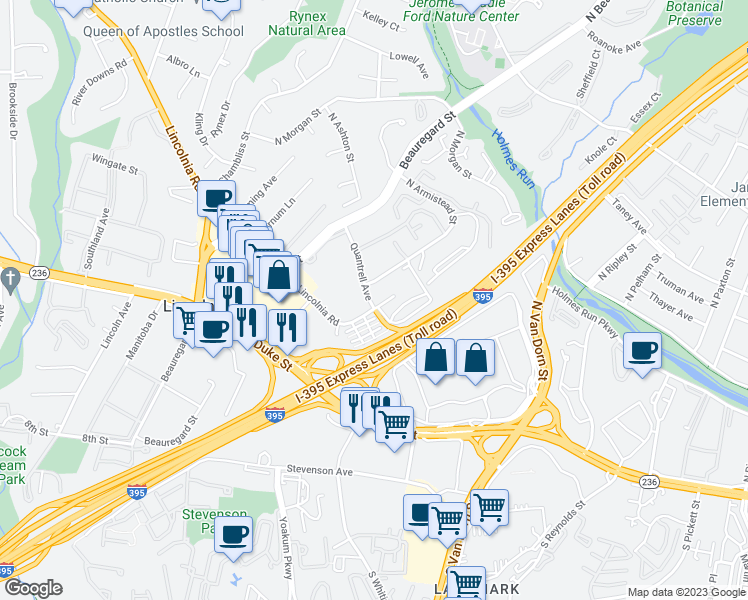 map of restaurants, bars, coffee shops, grocery stores, and more near 5831 Quantrell Avenue in Alexandria