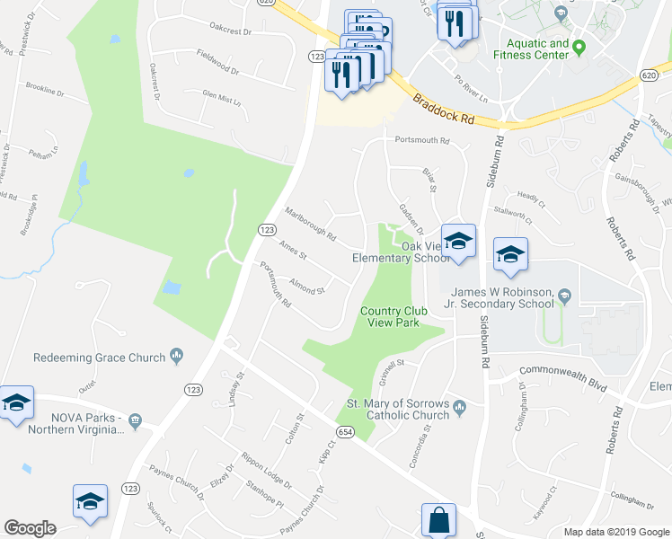 map of restaurants, bars, coffee shops, grocery stores, and more near 10704 Ames Street in Fairfax