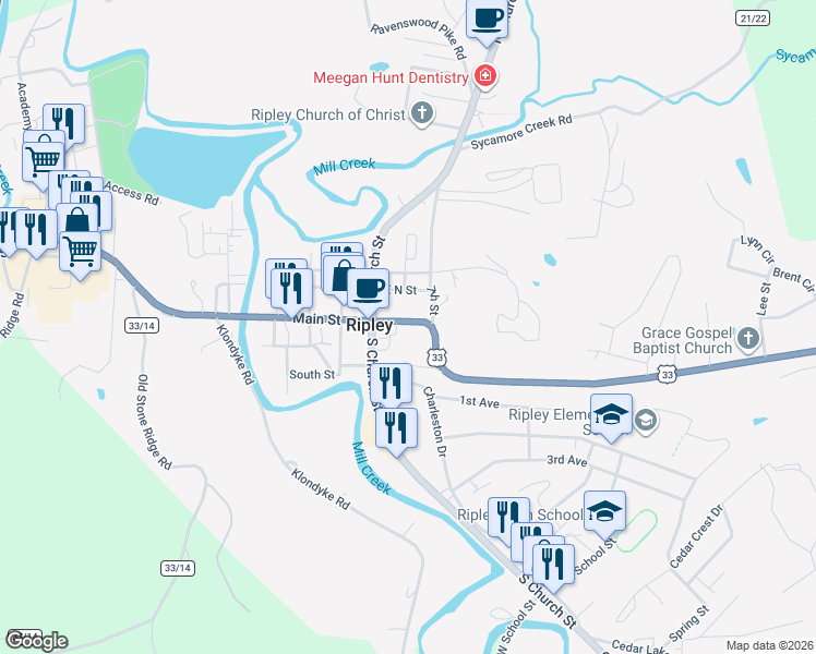 map of restaurants, bars, coffee shops, grocery stores, and more near 115 Main Street in Ripley