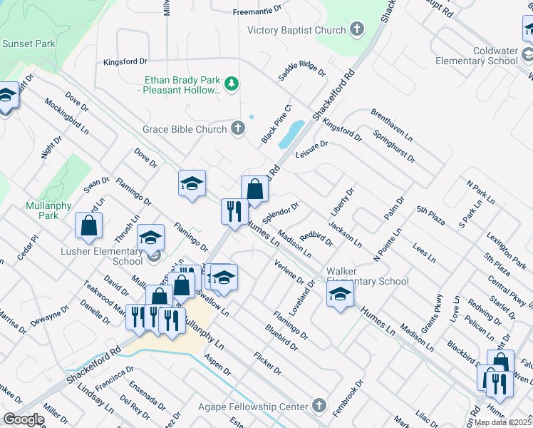 map of restaurants, bars, coffee shops, grocery stores, and more near 2055 Splendor Drive in Florissant