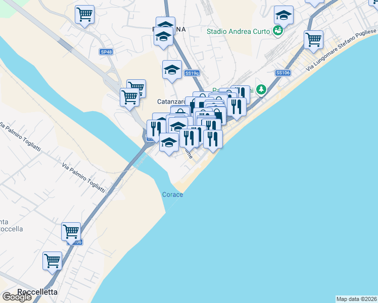 map of restaurants, bars, coffee shops, grocery stores, and more near 25 Traversa Fiume in Catanzaro