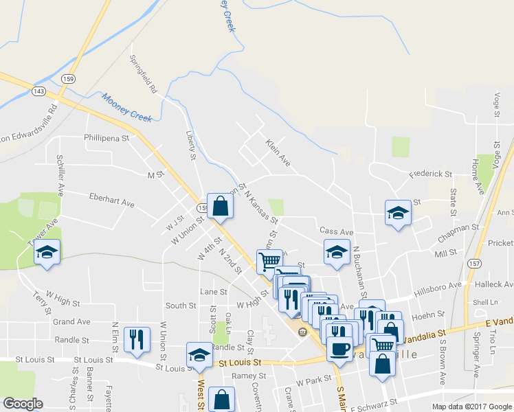 map of restaurants, bars, coffee shops, grocery stores, and more near 637 North Kansas Street in Edwardsville