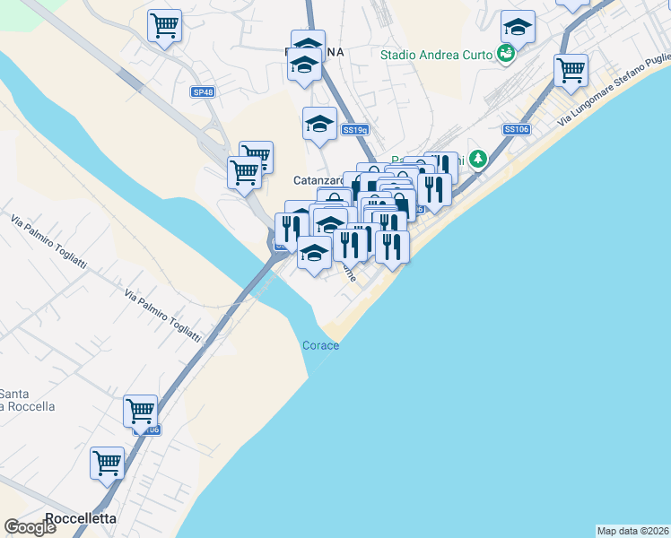 map of restaurants, bars, coffee shops, grocery stores, and more near 25 Traversa Fiume in Catanzaro