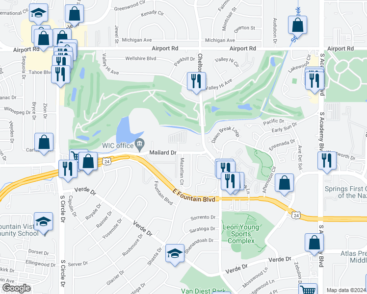 map of restaurants, bars, coffee shops, grocery stores, and more near 3140 Mallard Drive in Colorado Springs