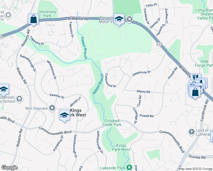 map of restaurants, bars, coffee shops, grocery stores, and more near 4728 Carterwood Drive in Fairfax