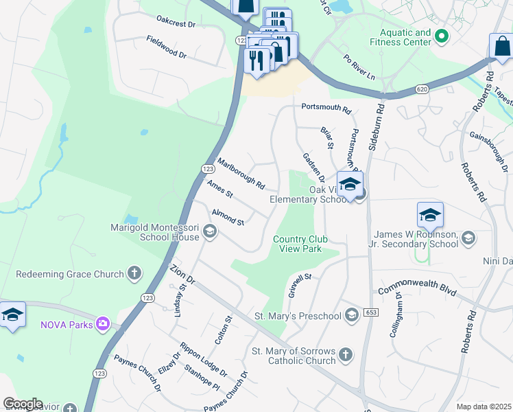 map of restaurants, bars, coffee shops, grocery stores, and more near 10704 Ames Street in Fairfax