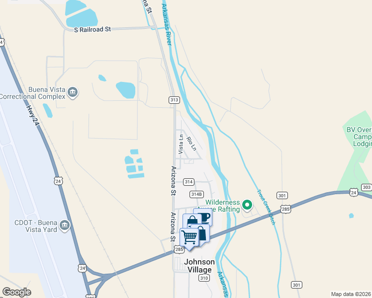 map of restaurants, bars, coffee shops, grocery stores, and more near 27665 County Road 313 in Buena Vista