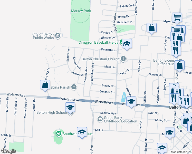 map of restaurants, bars, coffee shops, grocery stores, and more near 526 Sunset Lane in Belton