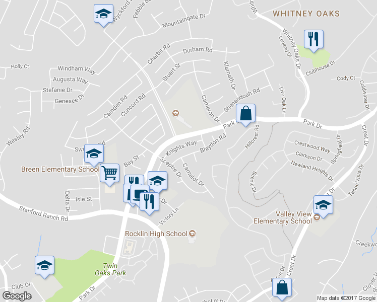 map of restaurants, bars, coffee shops, grocery stores, and more near 4842 Blaydon Road in Rocklin