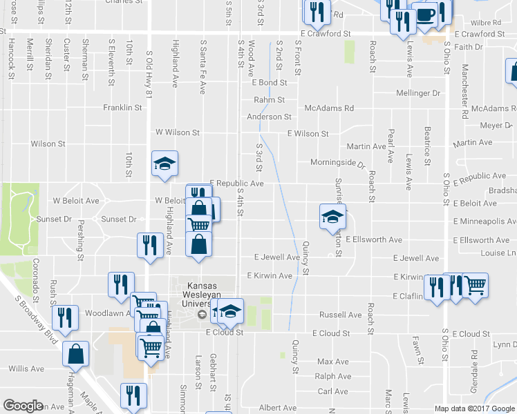 map of restaurants, bars, coffee shops, grocery stores, and more near 220 East Beloit Avenue in Salina