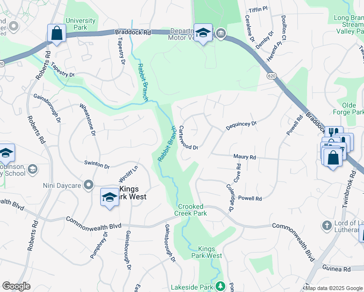 map of restaurants, bars, coffee shops, grocery stores, and more near 4728 Carterwood Drive in Fairfax