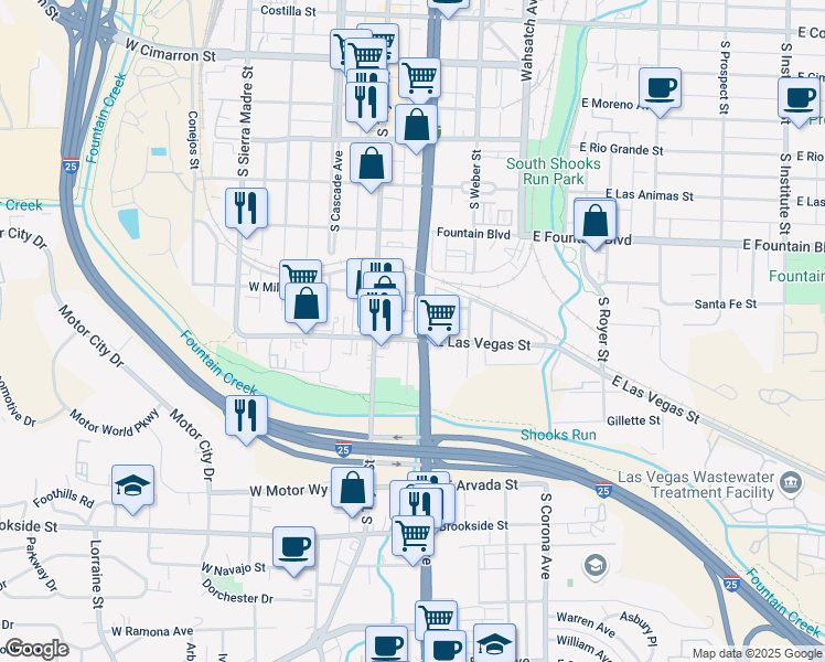map of restaurants, bars, coffee shops, grocery stores, and more near 1032 South Nevada Avenue in Colorado Springs