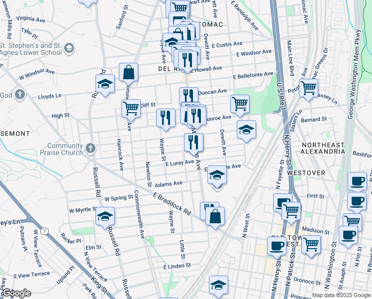 map of restaurants, bars, coffee shops, grocery stores, and more near 302 East Alexandria Avenue in Alexandria