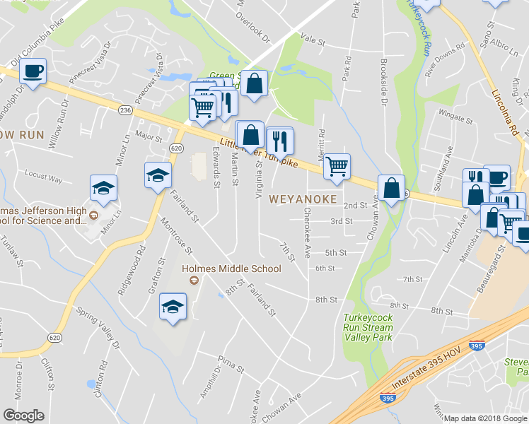 map of restaurants, bars, coffee shops, grocery stores, and more near 4839 Virginia Street in Alexandria