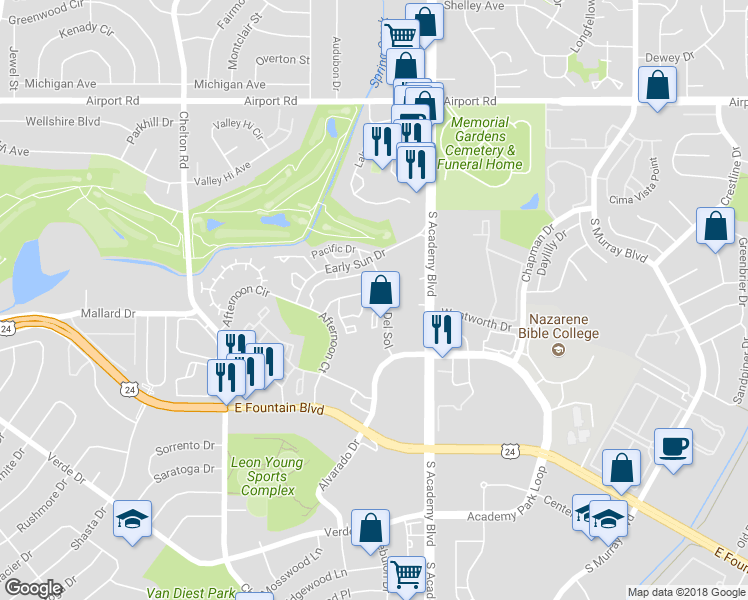 map of restaurants, bars, coffee shops, grocery stores, and more near 926 Acapulco Court in Colorado Springs