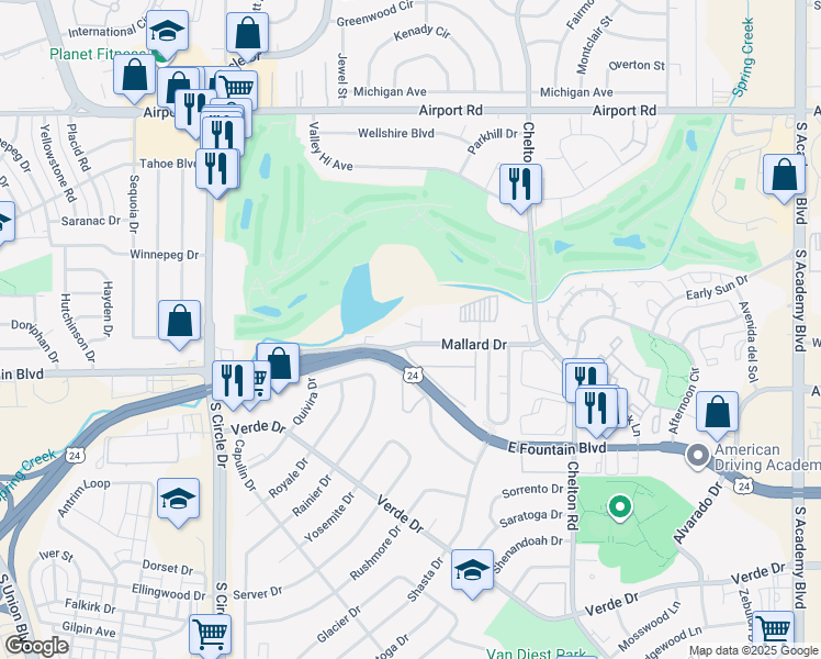 map of restaurants, bars, coffee shops, grocery stores, and more near 915 Teal Court in Colorado Springs