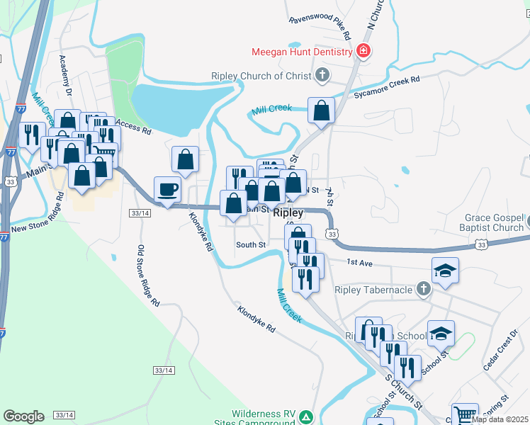 map of restaurants, bars, coffee shops, grocery stores, and more near 218 Main Street in Ripley