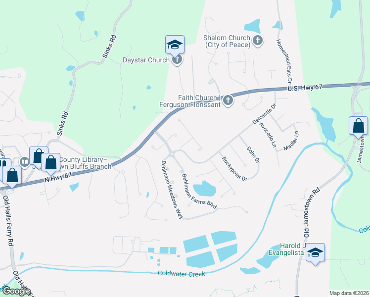 map of restaurants, bars, coffee shops, grocery stores, and more near 4536 Behlmann Farms Boulevard in Florissant