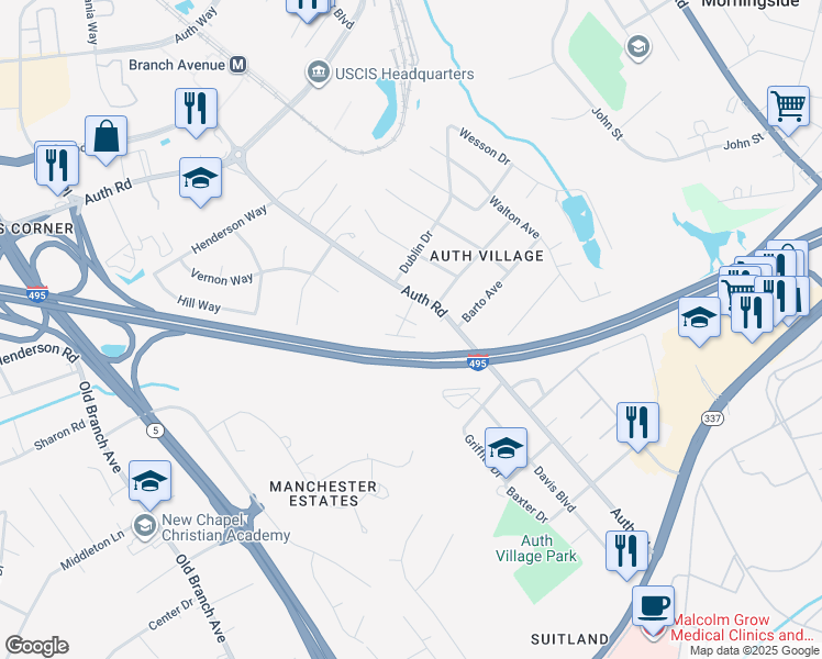 map of restaurants, bars, coffee shops, grocery stores, and more near 5138 Clacton Avenue in Camp Springs