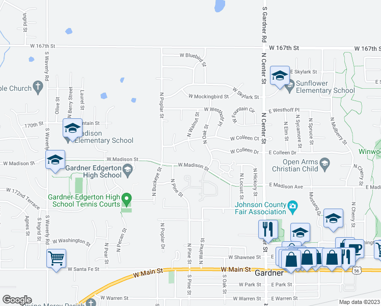 map of restaurants, bars, coffee shops, grocery stores, and more near 524 North Walnut Street in Gardner