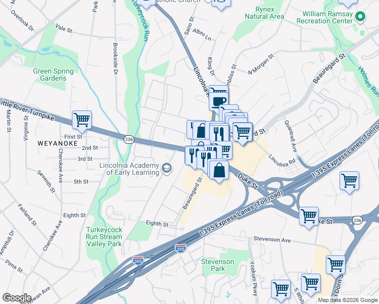map of restaurants, bars, coffee shops, grocery stores, and more near 4815 Manitoba Drive in Lincolnia
