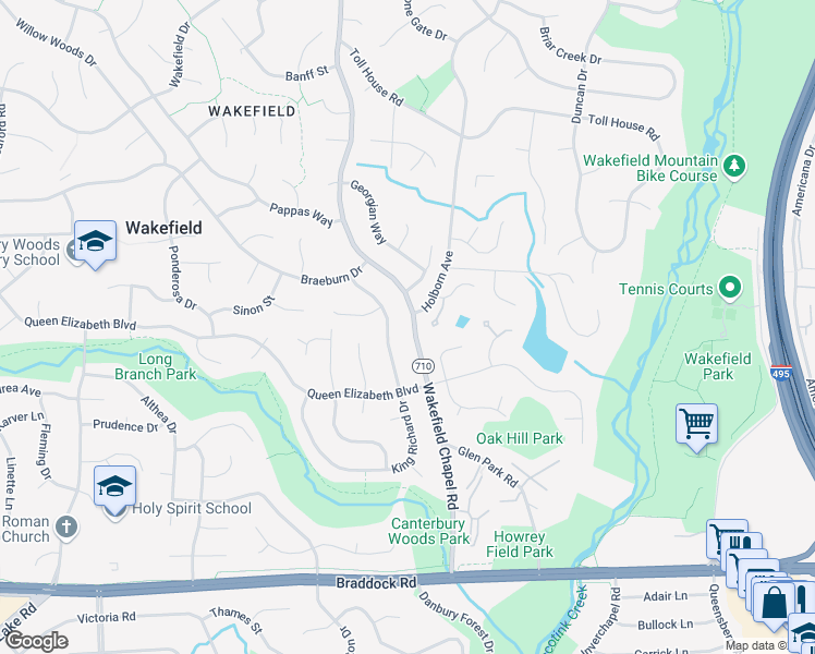 map of restaurants, bars, coffee shops, grocery stores, and more near 4822 Wakefield Chapel Road in Annandale