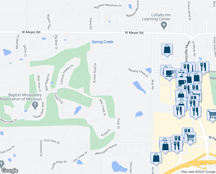 map of restaurants, bars, coffee shops, grocery stores, and more near 4805 Misty Wood Court in Wentzville