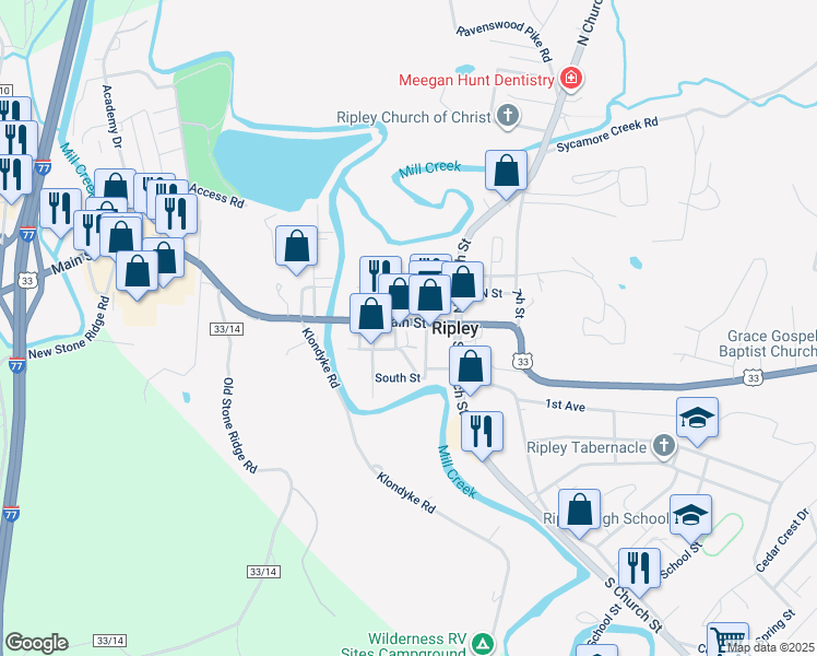 map of restaurants, bars, coffee shops, grocery stores, and more near 218 Main Street in Ripley